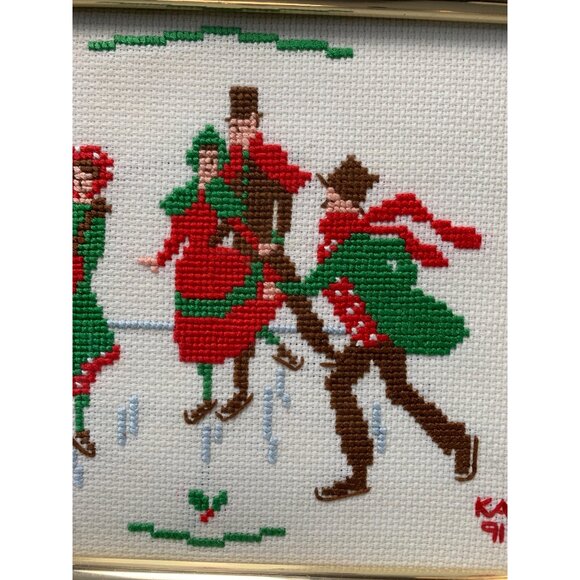 Vintage Framed Cross-Stitch Victorian Ice Skating Scene Signed KAB 1991 - Picture 3 of 9